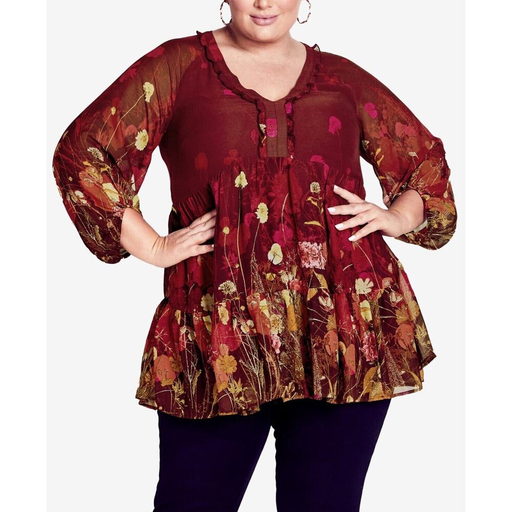 New Avenue Plus Size Angelina Print Tunic Top - Bordeaux Floral Size 18